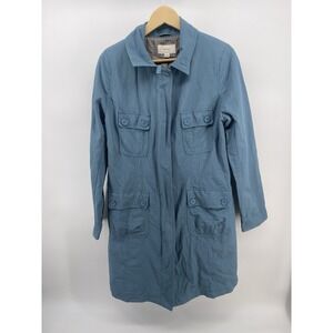 Merona Womens Sz L Blue Military Style Belted Trench Coat Zip Front Button Pkts
